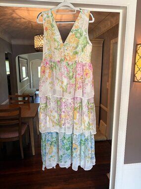 NWT Emma Way Sleeveless Ruffle Floral Gold Shimmer Chiffon Midi Dress. Size 10
